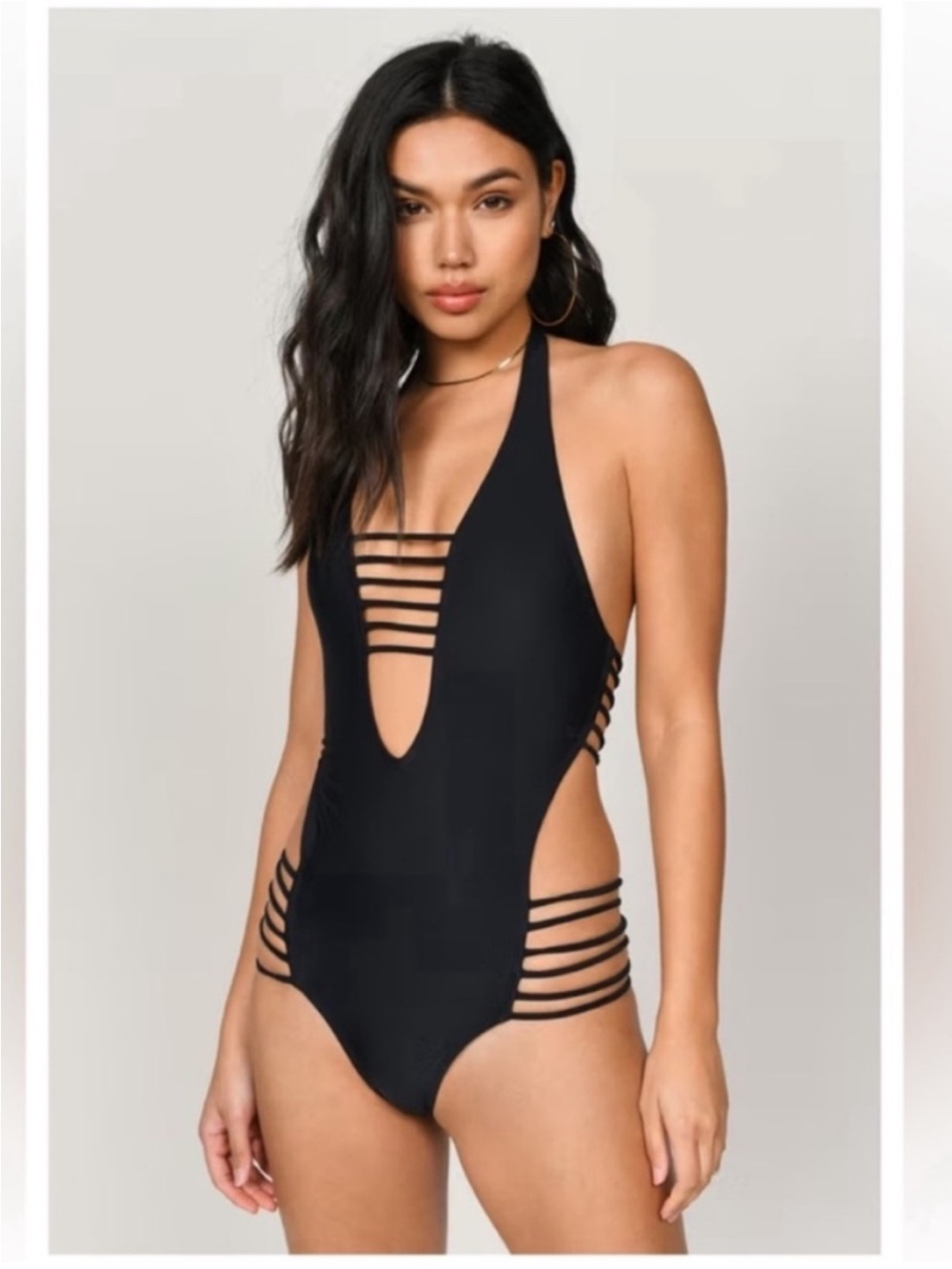 Tobi Black Strappy Plunge One-Piece Swimsuit